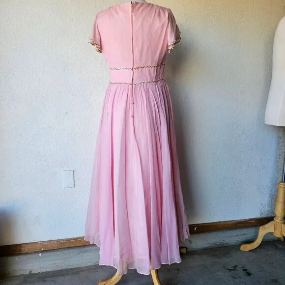 Vintage 60s 70s Light Pink Chiffon Princess Cocktail Evening Dress Gown L Large - Picture 9 of 14